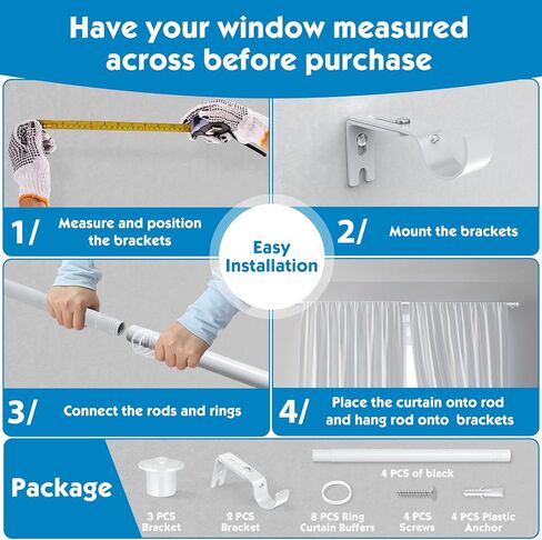 قضبان ستائر من 71 سم إلى 117 سم، قطر 1 1/8 بوصة قضبان ستارة بيضاء مجموعة قضيب ثقيلة الربط مع دعامات قابلة للتعديل لغرفة النوم وغرفة المعيشة والمطبخ in Kuwait