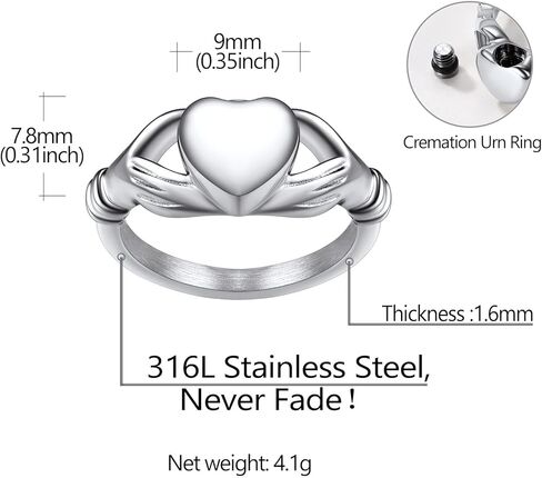 Stainless Steel Heart/Claddagh Cremation Urn Ring for Ashes for Women Waterproof Locket Rings Memorial Jewelry(with Gift Box) in Kuwait