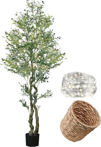 Worth Garden 7ft Artificial Olive Tree with 10’’ Woven Flower Basket, Realistic Fake Plant with Waterproof 100 LED String Lights, Greenery for Home Office Indoor Outdoor Decor. in Saudi Arabia