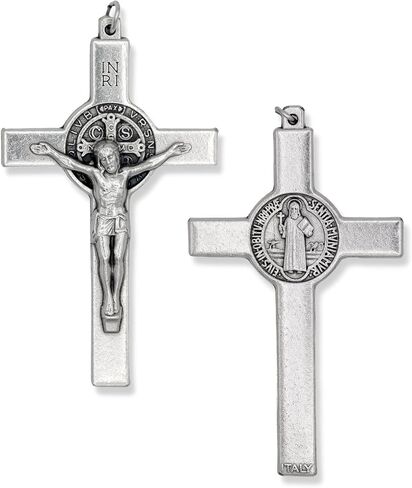 XL St Benedict Crucifix صليب ذو حافة مستقيمة لصنع المسبحة - XL 3 بوصة جزء مسبحة صليب مؤكسد فضي لمسبحة St Benedict أو قلادة كاثوليكية للرجال، صنع في إيطاليا in Saudi Arabia