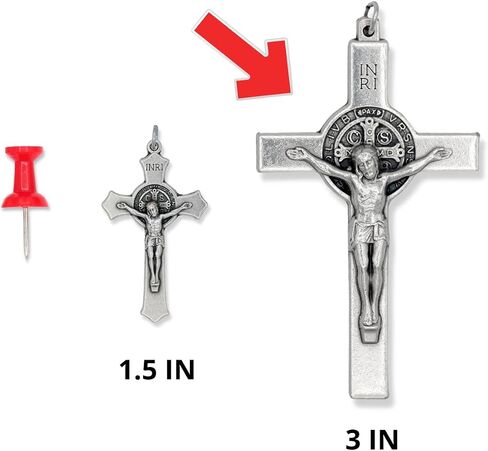 XL St Benedict Crucifix صليب ذو حافة مستقيمة لصنع المسبحة - XL 3 بوصة جزء مسبحة صليب مؤكسد فضي لمسبحة St Benedict أو قلادة كاثوليكية للرجال، صنع في إيطاليا in Saudi Arabia