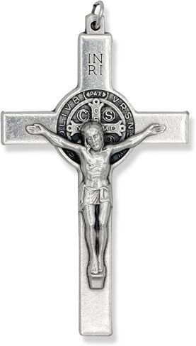 XL St Benedict Crucifix صليب ذو حافة مستقيمة لصنع المسبحة - XL 3 بوصة جزء مسبحة صليب مؤكسد فضي لمسبحة St Benedict أو قلادة كاثوليكية للرجال، صنع في إيطاليا in Saudi Arabia