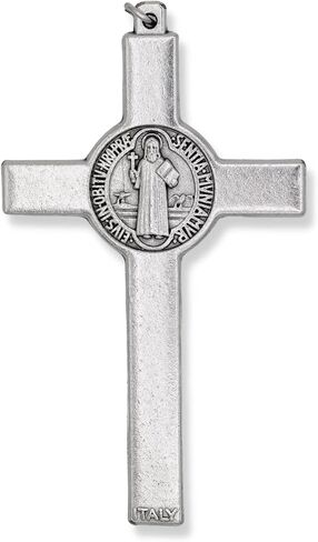 XL St Benedict Crucifix صليب ذو حافة مستقيمة لصنع المسبحة - XL 3 بوصة جزء مسبحة صليب مؤكسد فضي لمسبحة St Benedict أو قلادة كاثوليكية للرجال، صنع في إيطاليا in Saudi Arabia