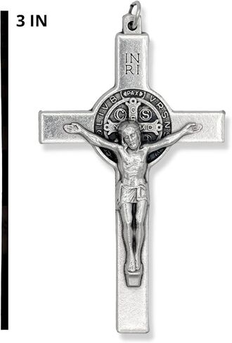XL St Benedict Crucifix صليب ذو حافة مستقيمة لصنع المسبحة - XL 3 بوصة جزء مسبحة صليب مؤكسد فضي لمسبحة St Benedict أو قلادة كاثوليكية للرجال، صنع في إيطاليا in Saudi Arabia