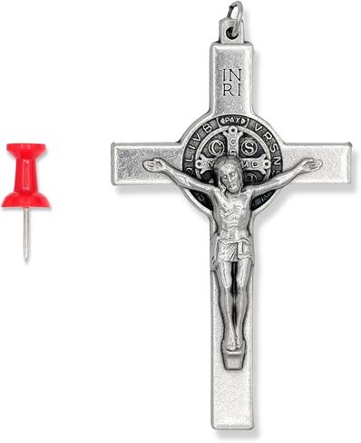 XL St Benedict Crucifix صليب ذو حافة مستقيمة لصنع المسبحة - XL 3 بوصة جزء مسبحة صليب مؤكسد فضي لمسبحة St Benedict أو قلادة كاثوليكية للرجال، صنع في إيطاليا in Saudi Arabia
