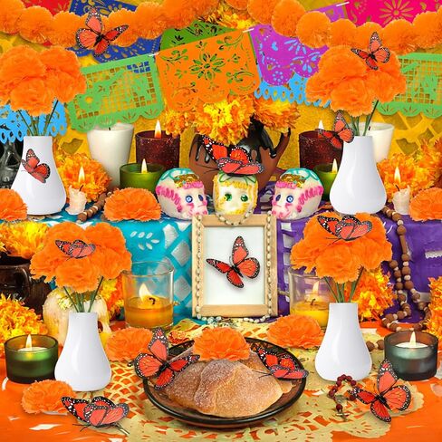 53pcs Day of The Dead Decorations Set,Include 2 Artificial Marigold Garland,30 Marigold Flowers with Stem,9 Mexican Banners Papel Picado Banner,12 Butterfly for Dia De Los Muertos Indian Diwali Decor in Saudi Arabia