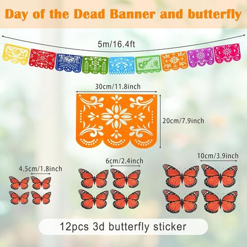 53pcs Day of The Dead Decorations Set,Include 2 Artificial Marigold Garland,30 Marigold Flowers with Stem,9 Mexican Banners Papel Picado Banner,12 Butterfly for Dia De Los Muertos Indian Diwali Decor in Saudi Arabia