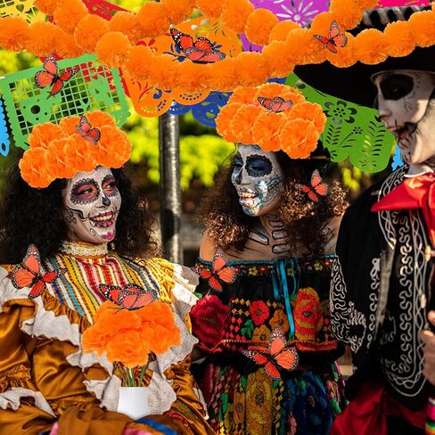 53pcs Day of The Dead Decorations Set,Include 2 Artificial Marigold Garland,30 Marigold Flowers with Stem,9 Mexican Banners Papel Picado Banner,12 Butterfly for Dia De Los Muertos Indian Diwali Decor in Saudi Arabia