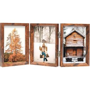 TOFOREVO 4x6 Triple Picture Frame Rustic Brown Wooden Hinged Beveled Photo Frame Definition Glass 3 Vertical Openings Stand on Desktop Tabletop in Saudi Arabia