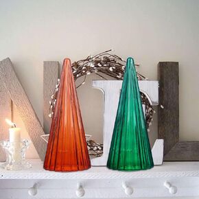 فيتريك زينة شجرة الكريسماس الزجاجية للمنزل، مجموعة تمثال شجرة الكريسماس الزجاجية للمدفأة بطول 12.4 انش لتزيين طاولة العطلة او ديكور الوشاح، لون كهرماني واخضر اسود in Kuwait