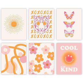 Pink and Orange Wall Art Preppy Room Decor Aesthetic Posters 70s Decor Trendy College Dorm Decorations for Teen Girls Bedroom | Pack of 6, Unframed 8x10