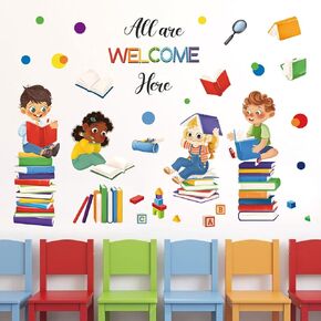 wondever Reading Corner Wall Decals Equality Kids Inspirational Quotes All are Welcome Here Peel and Stick Wall Art Stickers for Reading Room Classroom Kids Room