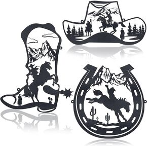 Pinkunn 3 Pcs 9.8 Inch Metal Horseshoe Western Home Decor Western Party Decorations Cowboy Wall Sculptures Hat Boot Art Rustic Hanging Country Wall Decor Christmas for Home Bathroom Bedroom(Black)