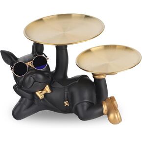 Bulldog Butler Statue with Tray French Bulldog Decor Sculpture for Home Living Room Candy Dish, Entryway Key Holder, Modern Home Office Decor (Black)