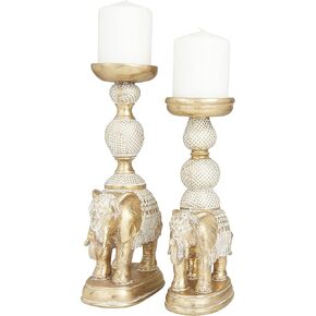 Deco 79 Polystone Elephant Candle Holder, Set of 2 13", 11"H, Gold