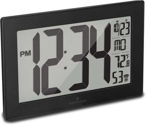 MARATHON Atomic Wall Clock with Stand, Black Frame/Stainless Steel Finish - Large, 9-Inch Display - AM/PM or 24-Hour Time Format, Eight Time Zones & Indoor Temperature - Two AA Batteries Included in Saudi Arabia
