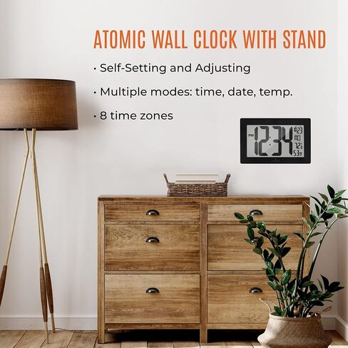 MARATHON Atomic Wall Clock with Stand, Black Frame/Stainless Steel Finish - Large, 9-Inch Display - AM/PM or 24-Hour Time Format, Eight Time Zones & Indoor Temperature - Two AA Batteries Included in Saudi Arabia