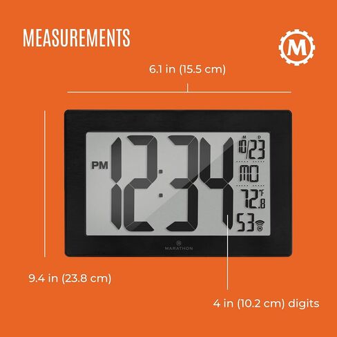 MARATHON Atomic Wall Clock with Stand, Black Frame/Stainless Steel Finish - Large, 9-Inch Display - AM/PM or 24-Hour Time Format, Eight Time Zones & Indoor Temperature - Two AA Batteries Included in Saudi Arabia
