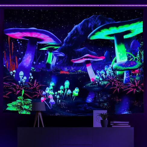 Rajahubri Blacklight Mushroom Tapestry Galaxy Space Tapestry Fantasy Plant Wall نسيج ماجيك ريفر المناظر الطبيعية نسيج مليء بالنجوم ليلة السماء نسيج الجدار شنقا للغرفة (H70.8 × W92.5) in Saudi Arabia