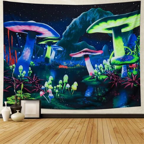 Rajahubri Blacklight Mushroom Tapestry Galaxy Space Tapestry Fantasy Plant Wall نسيج ماجيك ريفر المناظر الطبيعية نسيج مليء بالنجوم ليلة السماء نسيج الجدار شنقا للغرفة (H70.8 × W92.5) in Saudi Arabia