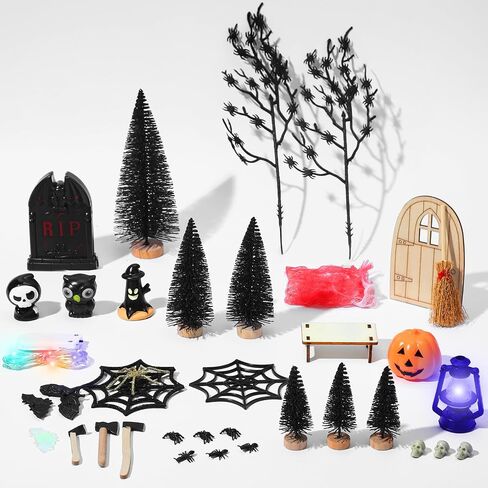 Libima 30 Pcs Halloween Village Scene Ornaments Accessories Halloween Miniatures Tombstones Skeleton Pumpkin Statues Spiders Spooky Halloween Party Decor Figurines for Town Garden Graveyard Decoration in Saudi Arabia