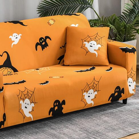Halloween Printed Sofa Cover Ghost Elastic Couch Cover Machine Washable Halloween Theme Black Sofa Slipcover for Living Room(2 Seater) in Saudi Arabia