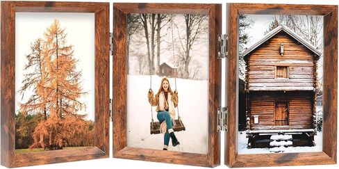 TOFOREVO 4x6 Triple Picture Frame Rustic Brown Wooden Hinged Beveled Photo Frame Definition Glass 3 Vertical Openings Stand on Desktop Tabletop in Kuwait