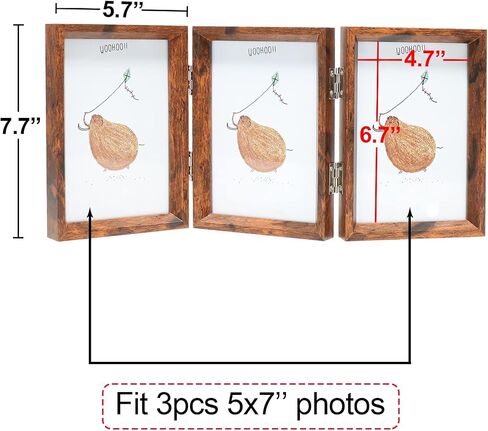 TOFOREVO 4x6 Triple Picture Frame Rustic Brown Wooden Hinged Beveled Photo Frame Definition Glass 3 Vertical Openings Stand on Desktop Tabletop in Kuwait