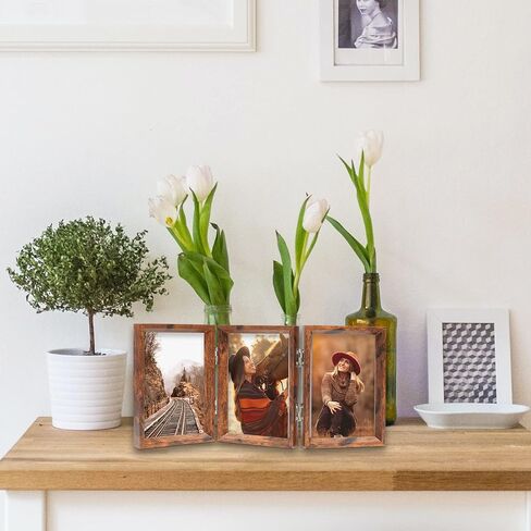 TOFOREVO 4x6 Triple Picture Frame Rustic Brown Wooden Hinged Beveled Photo Frame Definition Glass 3 Vertical Openings Stand on Desktop Tabletop in Kuwait