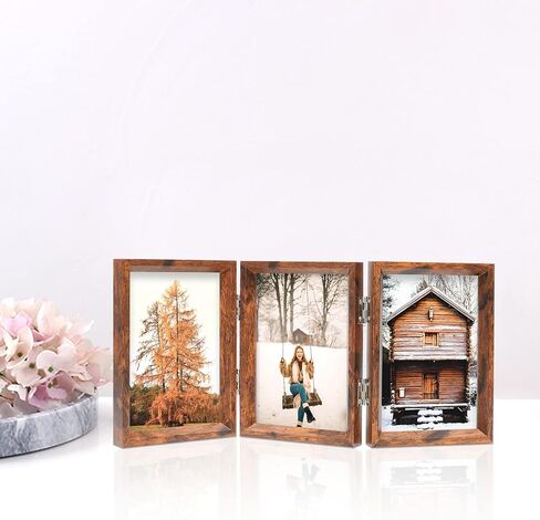TOFOREVO 4x6 Triple Picture Frame Rustic Brown Wooden Hinged Beveled Photo Frame Definition Glass 3 Vertical Openings Stand on Desktop Tabletop in Kuwait