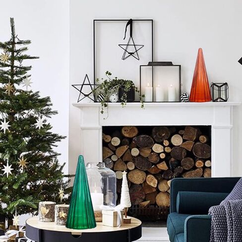 فيتريك زينة شجرة الكريسماس الزجاجية للمنزل، مجموعة تمثال شجرة الكريسماس الزجاجية للمدفأة بطول 12.4 انش لتزيين طاولة العطلة او ديكور الوشاح، لون كهرماني واخضر اسود in Kuwait