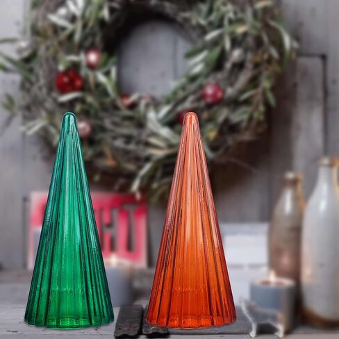 فيتريك زينة شجرة الكريسماس الزجاجية للمنزل، مجموعة تمثال شجرة الكريسماس الزجاجية للمدفأة بطول 12.4 انش لتزيين طاولة العطلة او ديكور الوشاح، لون كهرماني واخضر اسود in Kuwait