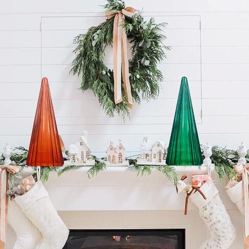 فيتريك زينة شجرة الكريسماس الزجاجية للمنزل، مجموعة تمثال شجرة الكريسماس الزجاجية للمدفأة بطول 12.4 انش لتزيين طاولة العطلة او ديكور الوشاح، لون كهرماني واخضر اسود in Kuwait