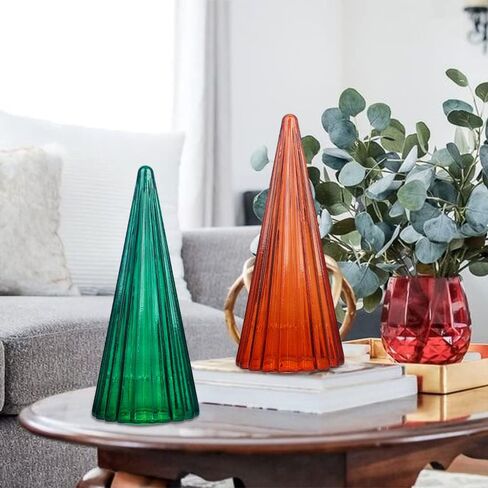 فيتريك زينة شجرة الكريسماس الزجاجية للمنزل، مجموعة تمثال شجرة الكريسماس الزجاجية للمدفأة بطول 12.4 انش لتزيين طاولة العطلة او ديكور الوشاح، لون كهرماني واخضر اسود in Kuwait