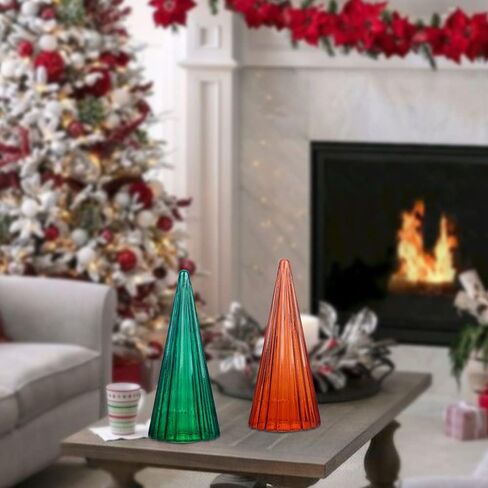 فيتريك زينة شجرة الكريسماس الزجاجية للمنزل، مجموعة تمثال شجرة الكريسماس الزجاجية للمدفأة بطول 12.4 انش لتزيين طاولة العطلة او ديكور الوشاح، لون كهرماني واخضر اسود in Kuwait