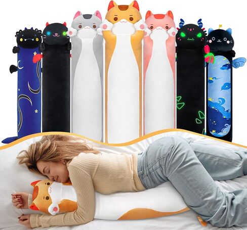 mewaii القطة الطويلة القطيفة kawaii الجسم وسادة، 20 "لطيف البني القط الحيوانات المحشوة الناعمة Plushies، البرتقال هريرة أفخم رمي وسادة دمية لعبة هدية لصديقة in Kuwait