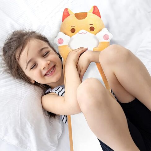 mewaii القطة الطويلة القطيفة kawaii الجسم وسادة، 20 "لطيف البني القط الحيوانات المحشوة الناعمة Plushies، البرتقال هريرة أفخم رمي وسادة دمية لعبة هدية لصديقة in Kuwait