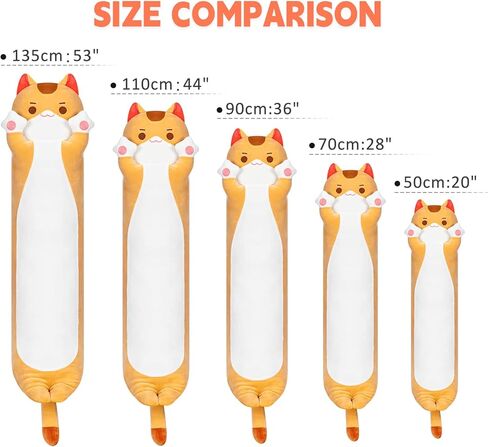 mewaii القطة الطويلة القطيفة kawaii الجسم وسادة، 20 "لطيف البني القط الحيوانات المحشوة الناعمة Plushies، البرتقال هريرة أفخم رمي وسادة دمية لعبة هدية لصديقة in Kuwait