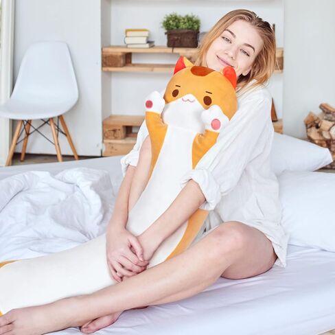 mewaii القطة الطويلة القطيفة kawaii الجسم وسادة، 20 "لطيف البني القط الحيوانات المحشوة الناعمة Plushies، البرتقال هريرة أفخم رمي وسادة دمية لعبة هدية لصديقة in Kuwait