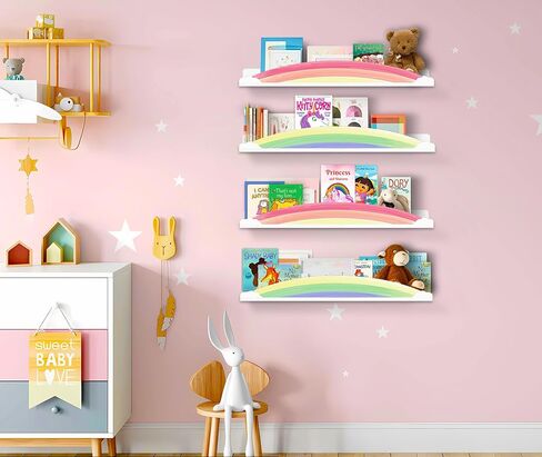 أرفف كتب جدارية بألوان قوس قزح من Garybank للأطفال - مجموعة من 4 قطع مقاس 24.8 بوصة - أرفف كتب عائمة لغرفة لعب الأطفال لديكور الحائط، رف كتب لألعاب حضانة الأطفال لتخزين كتب الصور، ديكور حضانة قوس قزح in Kuwait