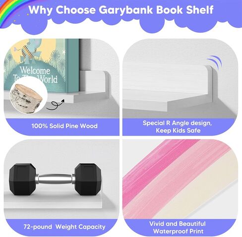 أرفف كتب جدارية بألوان قوس قزح من Garybank للأطفال - مجموعة من 4 قطع مقاس 24.8 بوصة - أرفف كتب عائمة لغرفة لعب الأطفال لديكور الحائط، رف كتب لألعاب حضانة الأطفال لتخزين كتب الصور، ديكور حضانة قوس قزح in Kuwait