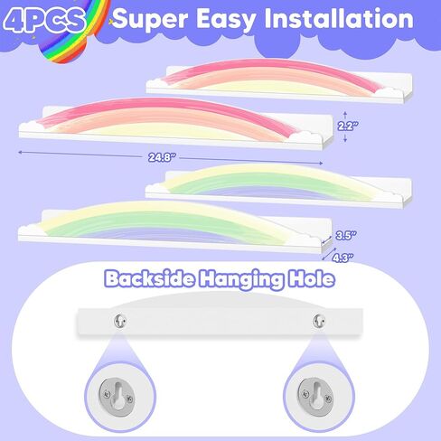 أرفف كتب جدارية بألوان قوس قزح من Garybank للأطفال - مجموعة من 4 قطع مقاس 24.8 بوصة - أرفف كتب عائمة لغرفة لعب الأطفال لديكور الحائط، رف كتب لألعاب حضانة الأطفال لتخزين كتب الصور، ديكور حضانة قوس قزح in Kuwait