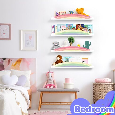 أرفف كتب جدارية بألوان قوس قزح من Garybank للأطفال - مجموعة من 4 قطع مقاس 24.8 بوصة - أرفف كتب عائمة لغرفة لعب الأطفال لديكور الحائط، رف كتب لألعاب حضانة الأطفال لتخزين كتب الصور، ديكور حضانة قوس قزح in Kuwait