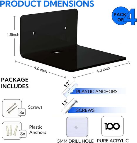 4 Pack Small Wall Shelf, 4'' Acrylic Floating Shelves for Wall, Acrylic Clear Furniture Shelves, Shelf Display Ledges for Wall Storage & Decoration with 2 Types of Installation (Black) in Saudi Arabia