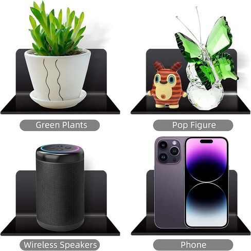 4 Pack Small Wall Shelf, 4'' Acrylic Floating Shelves for Wall, Acrylic Clear Furniture Shelves, Shelf Display Ledges for Wall Storage & Decoration with 2 Types of Installation (Black) in Saudi Arabia