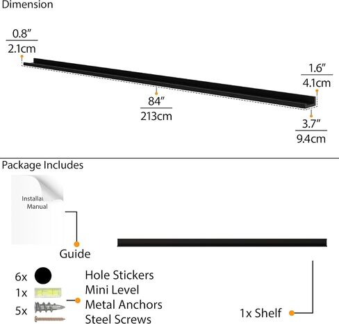Wallniture Denver 84" Floating Shelves for Wall, Black Picture Ledge for Picture Frames Collage Wall Decor, Long Wall Shelf, Floating Shelf for Vinyl Record, Wall Shelves for Living Room, 1 Pc in Saudi Arabia