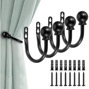Sumnacon Set of 4 Decorative Curtain Holdbacks, Wall Mounted Aluminum Alloy Window Drapery Tiebacks for Bedroom, Livingroom Office Come with Screws, Black