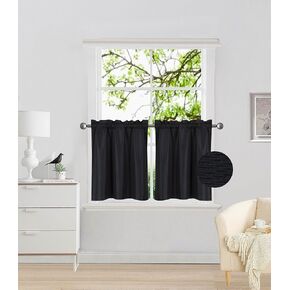 Elegant Home 2 Panels Tiers Small Window Treatment Curtain Insulated Blackout Drape Short Panel 28" W X 24" L Each for Kitchen Bathroom or Any Small Window # R16 (Black)