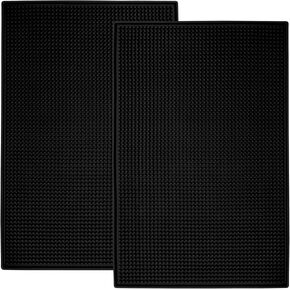 S&T INC. Bar Mat or Coffee Mat, Durable Rubber Mat for Bar Table or Coffee Bar, Dish Drying Mat for Drinking Glasses, 11.9 In. x 17.8 In., Black with White Border, 1 Bar Mat with 2 Coasters