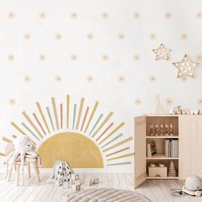 Large Boho Half Sun Wall Decals Peel and Stick, Watercolor Sun Decal Sunrise Wall Murals Stickers Arch, Sunshine Wall Stickers for Kids Room Playroom Nursery Bedroom, 35.46" x 27.58"